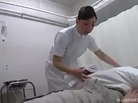 Naughty Japanese nurse sucking her patients cock in the Hospital