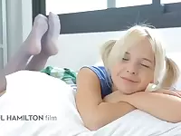 Ponytailed blondie stunner is smirking while waiting for her paramour to come and smash her brains out